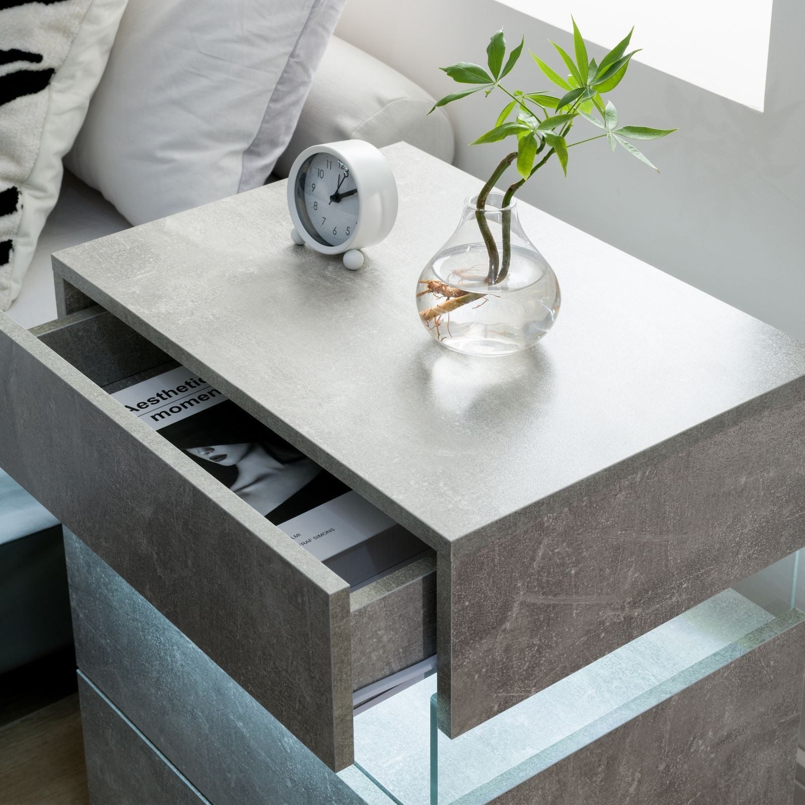 LED Nightstands: Acrylic Board, End Table with 3 Drawer Dresser (Gray)