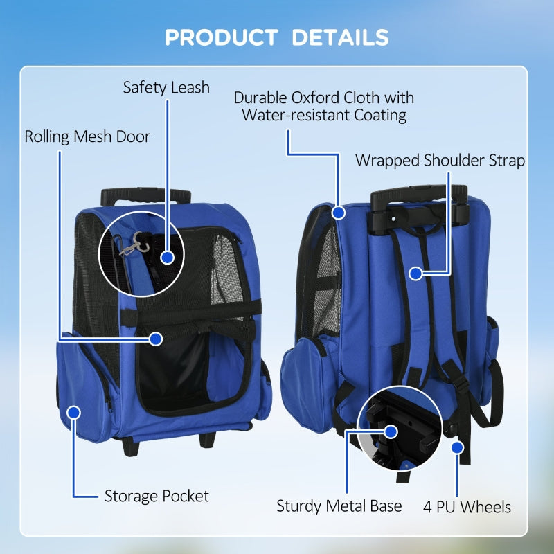 Portable Pet Carrier Backpack with Trolley, Telescopic Handle, Stroller Wheels, Blue