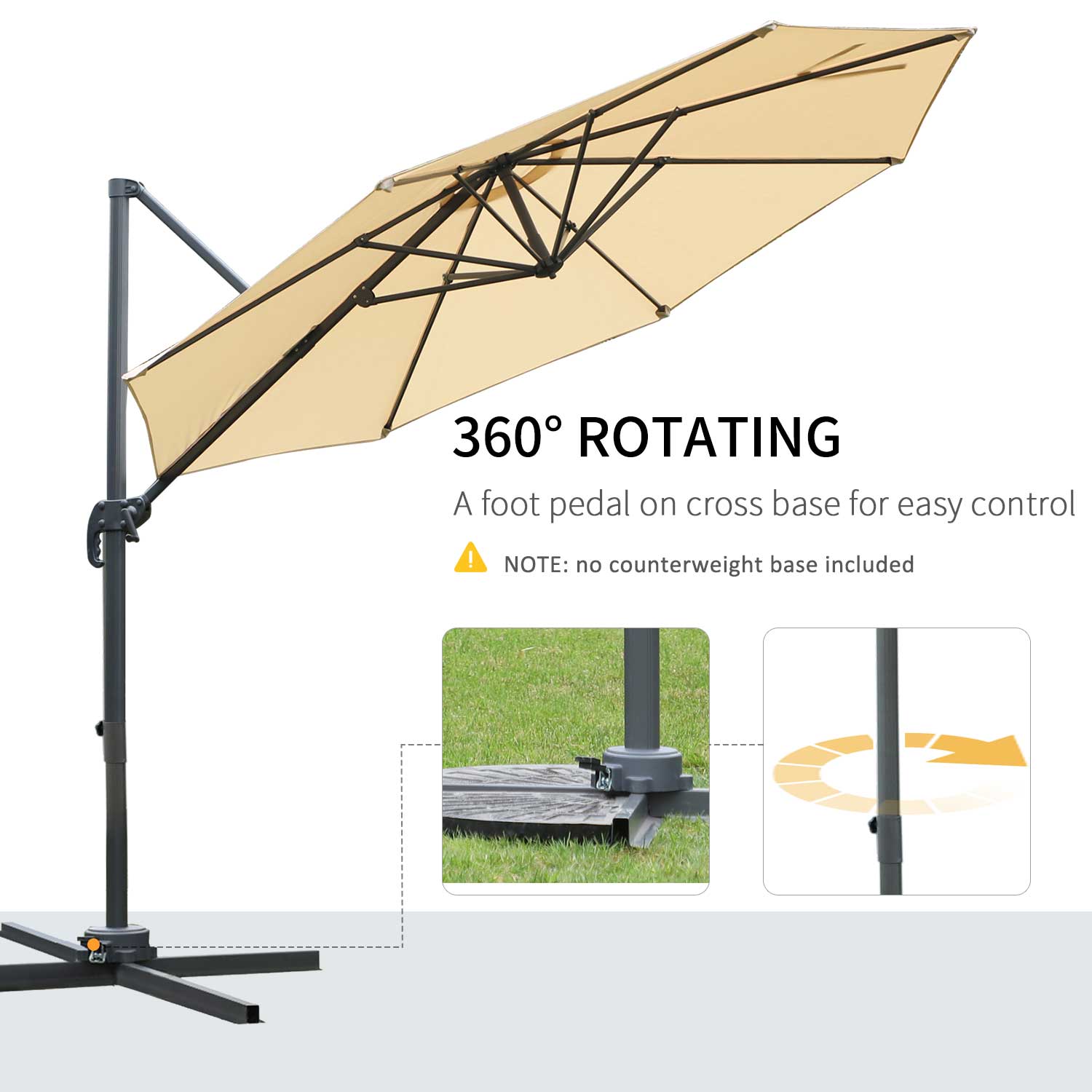 Outsunny Round Umbrella Parasol W/ Tilt 360° Rotation and Hand Crank Cross Base-Beige
