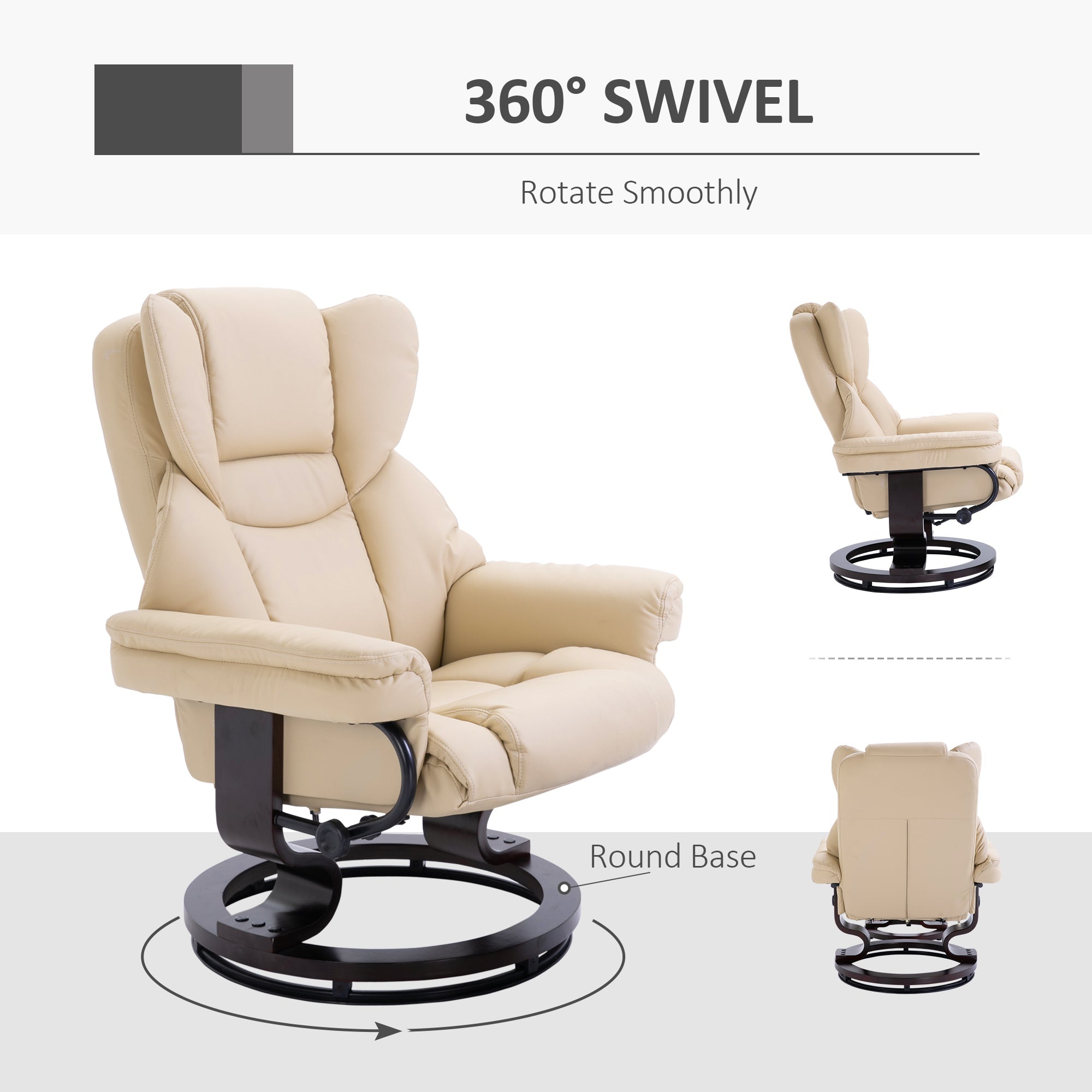 360¡ã Swivel Recliner Chair with Footstool, PU Leather Manual Reclining Armchair, Cream
