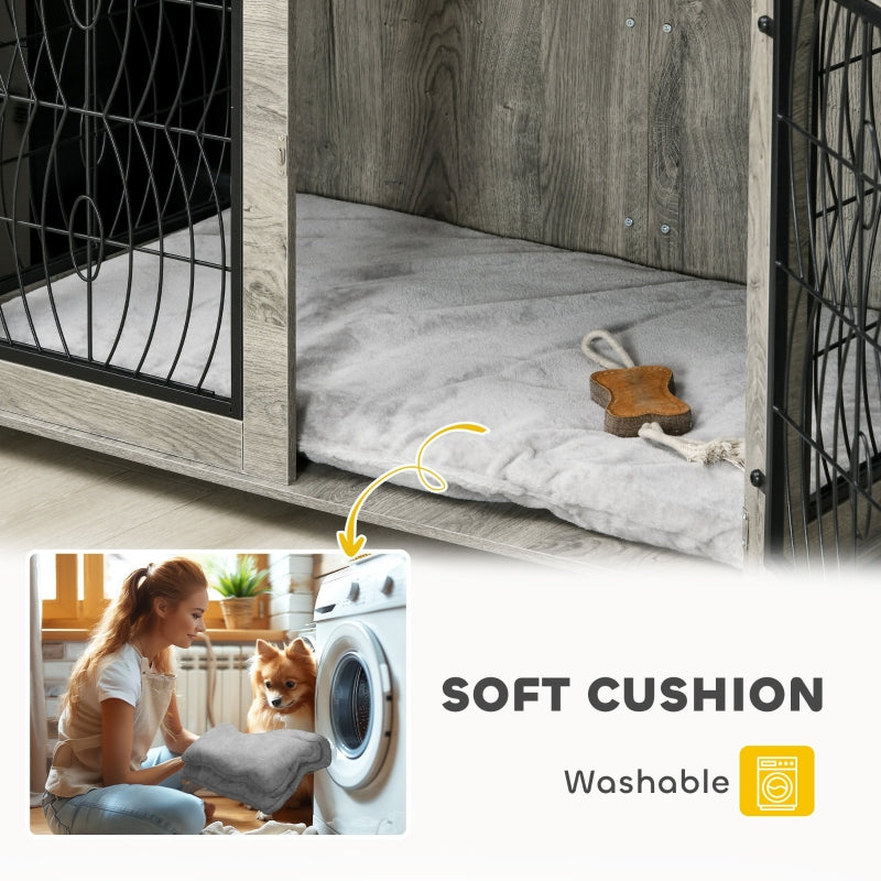 PawHut Indoor Dog Crate Furniture End Table with Cushion, Lockable Door, for Extra Large Dogs - Grey
