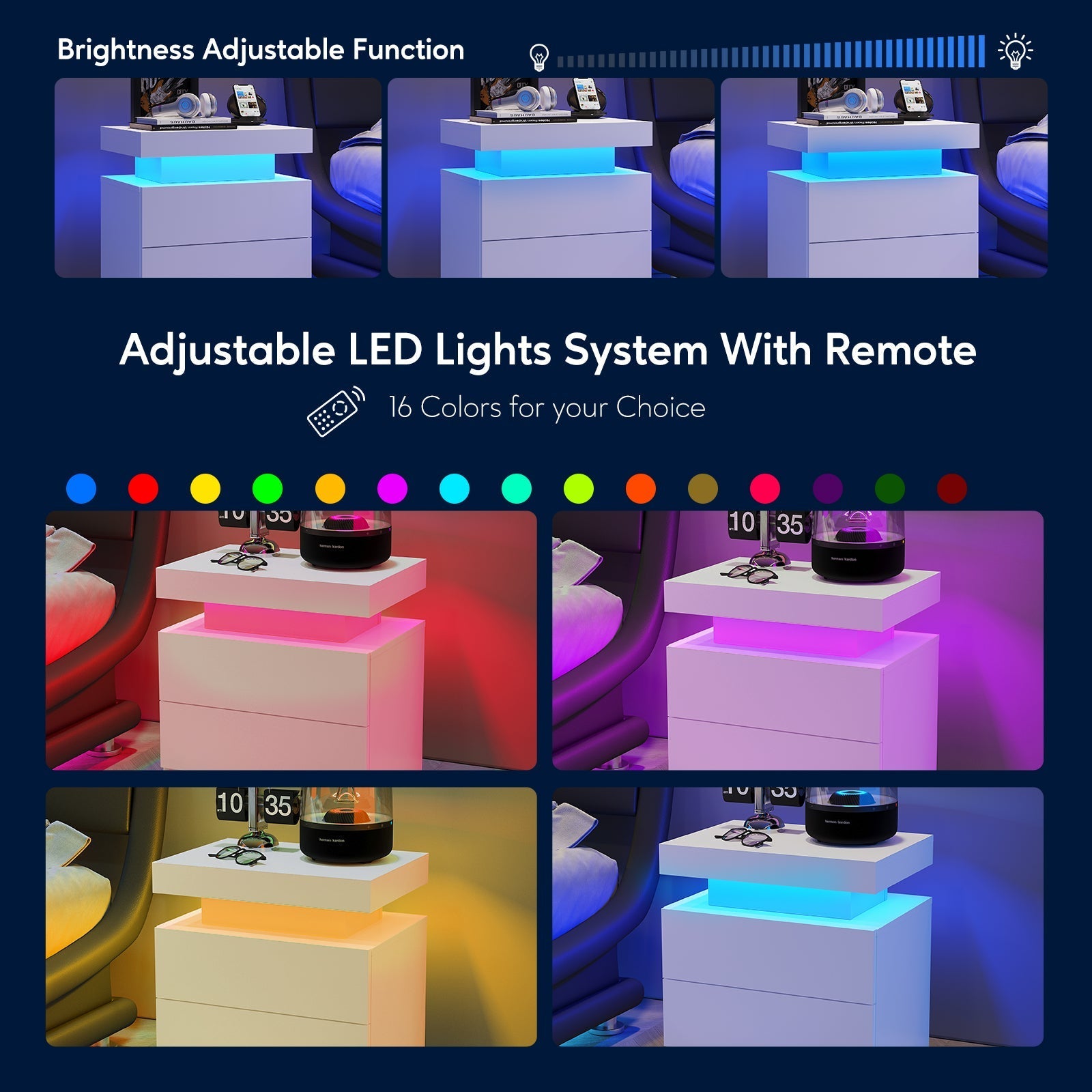 Nightstand LED Bedside Table Cabinet Lights Modern End Side with 2 Drawers for Bedroom (White)