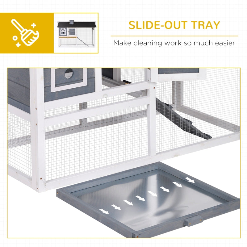 Wooden Rabbit Hutch and Run with Sliding Tray, Ramp, Water-resistant Roof, Grey