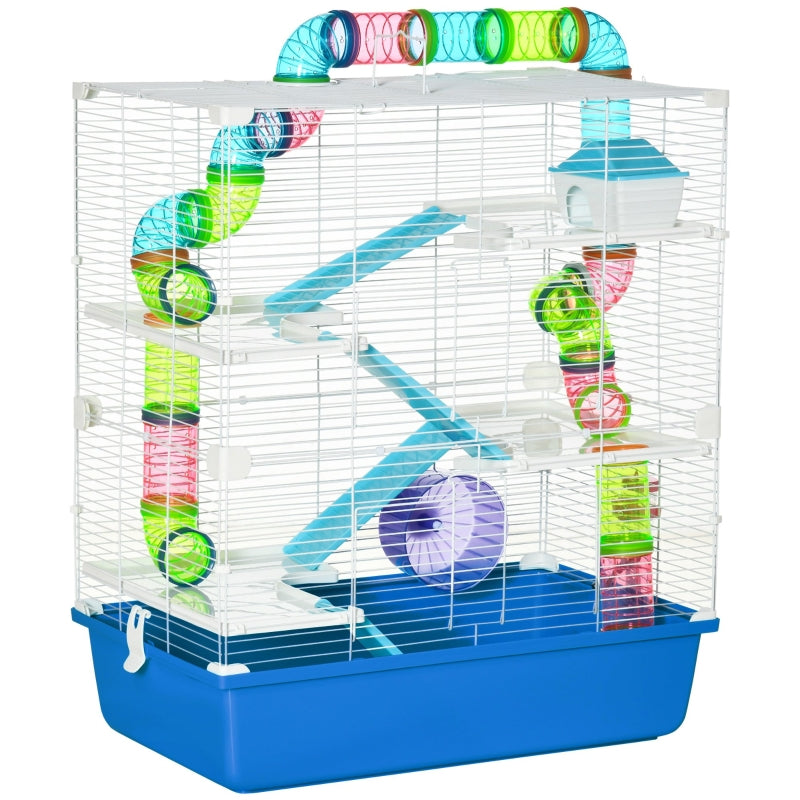 Hamster/Gerbil Cage with Tube, Water Bottle, Exercise Wheel, Food Dish - Blue