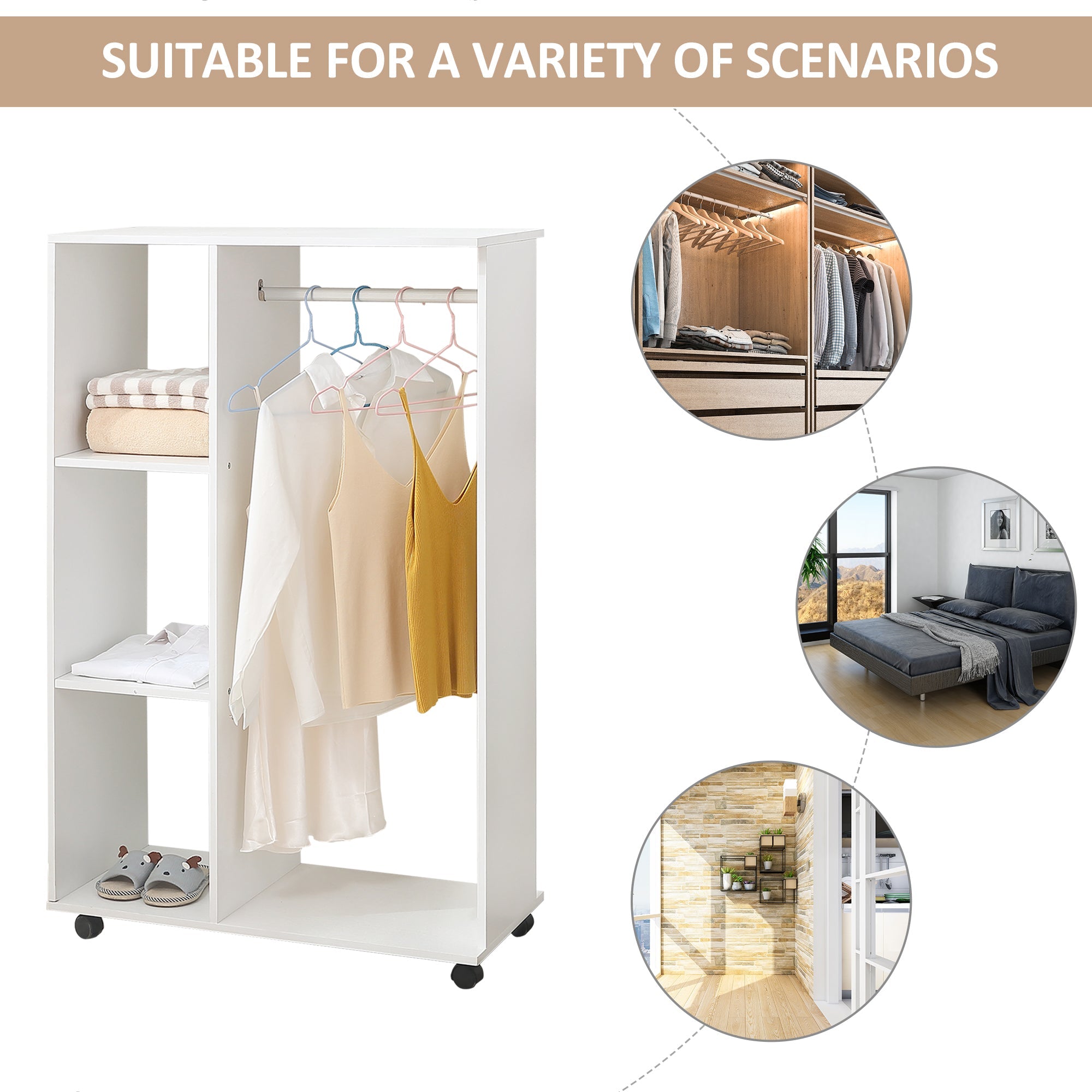 Open Wardrobe on Wheels, Clothes Rail & 3 Shelves, White