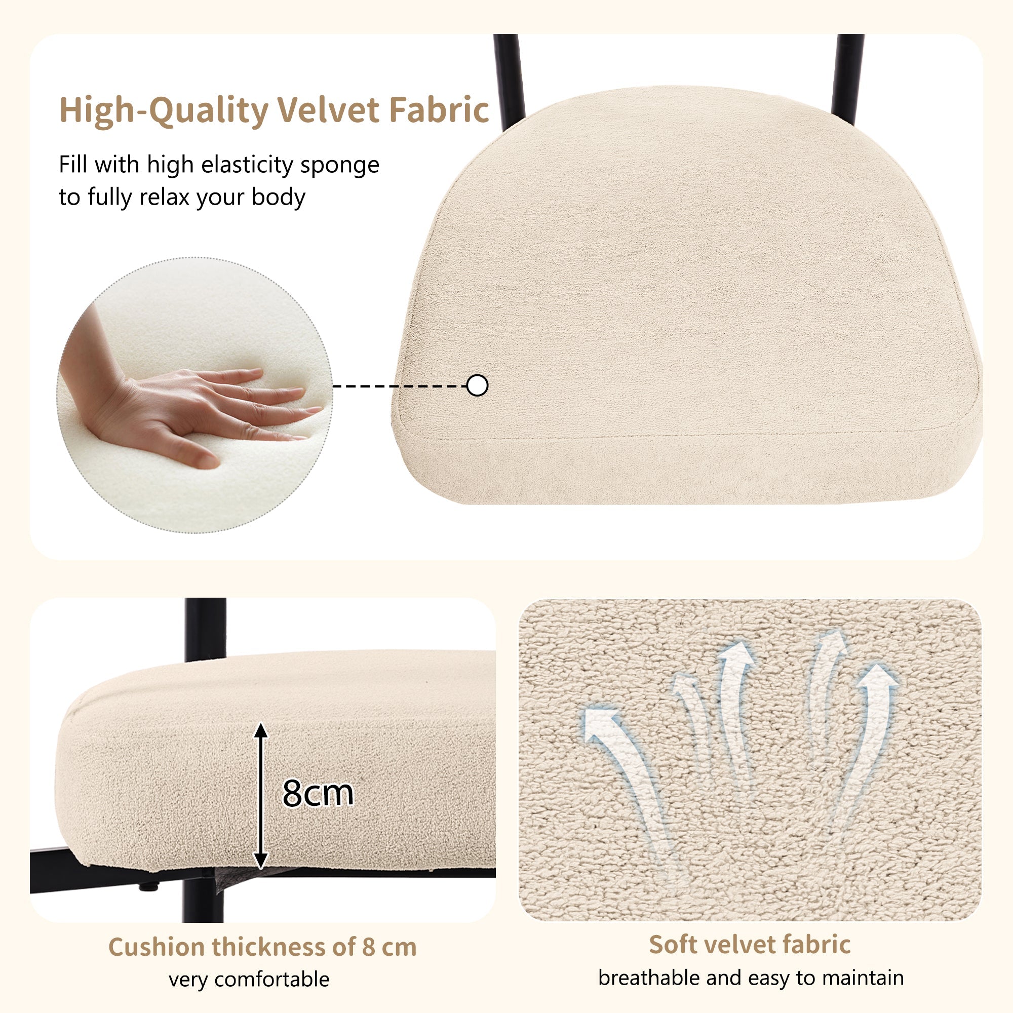 Modern Dining Chairs set of 2, Cream Faux Suede Upholstered Armchairs