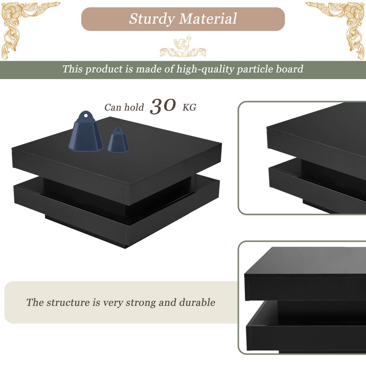 Black High Gloss Coffee Table with 360° Rotating Top & LED