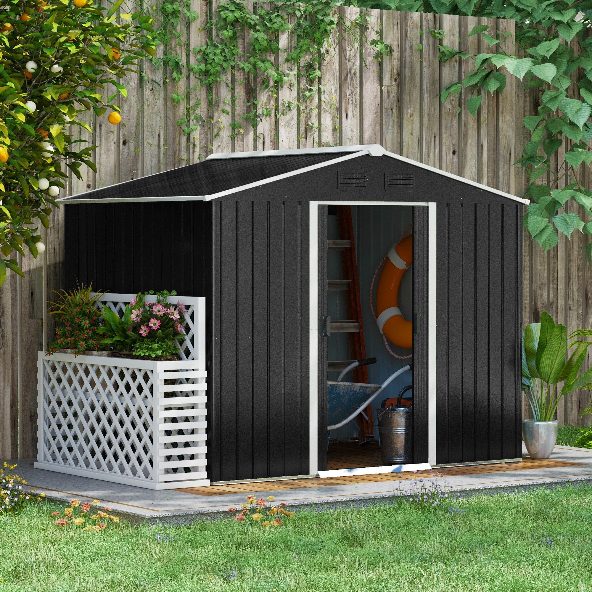 Metal Garden Shed, 7.7 x 5.7ft, Galvanised Outdoor Tool Storage with Ventilation and Sliding Doors, Grey