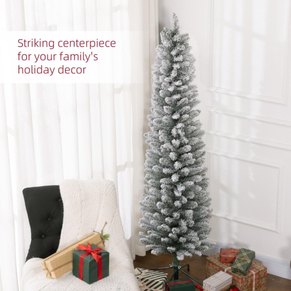6FT Artificial Snowy Pencil Christmas Tree – Slim White Snow Effect, Space-Saving Holiday Décor