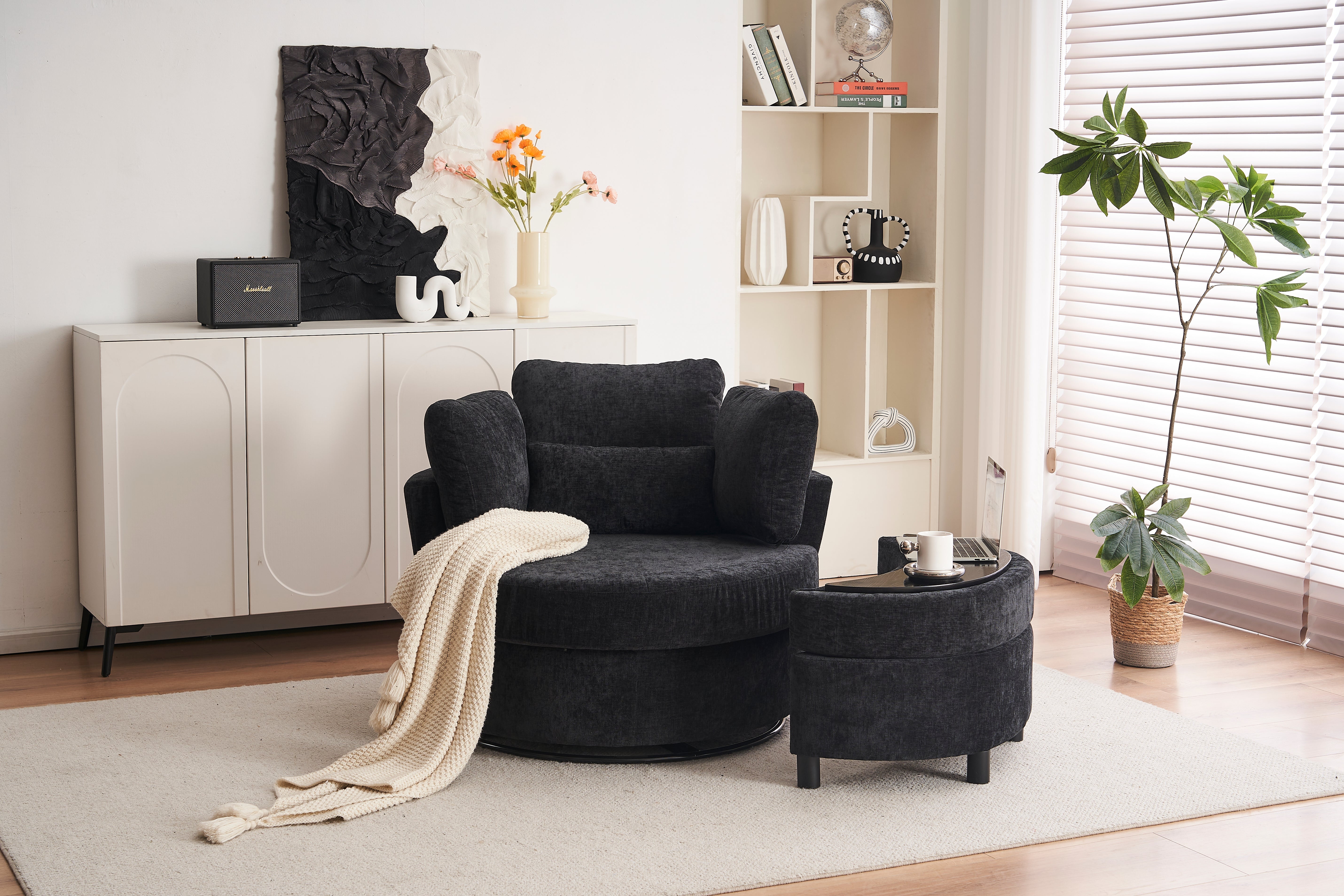Chenille Swivel Armchair: 3 Back Cushion Pillow Ottoman Crescent Stool, Black
