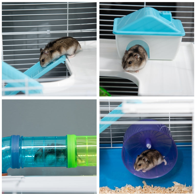 Hamster/Gerbil Cage with Tube, Water Bottle, Exercise Wheel, Food Dish - Blue