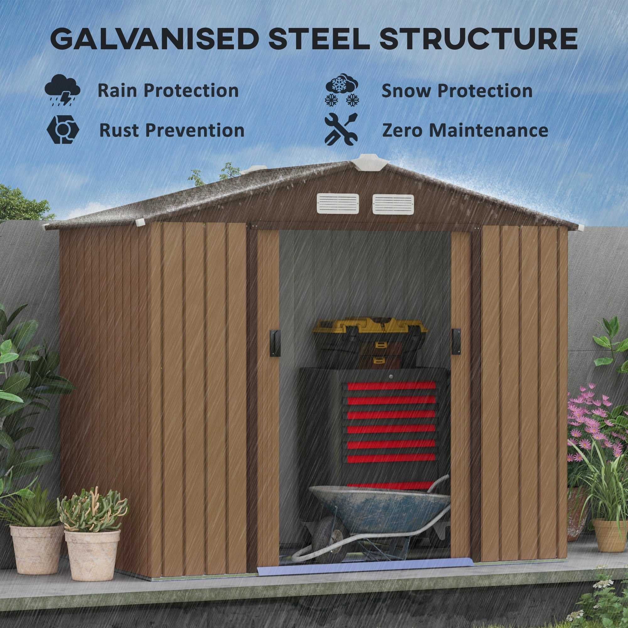 Metal Garden Tool Storage Shed, 7 x 4ft Lockable with Foundation and Vents, Light Brown