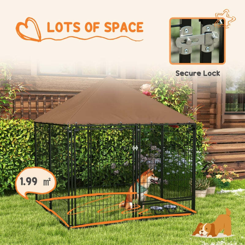 Outdoor Dog Kennel Play Pen with Canopy and Rotating Bowl
