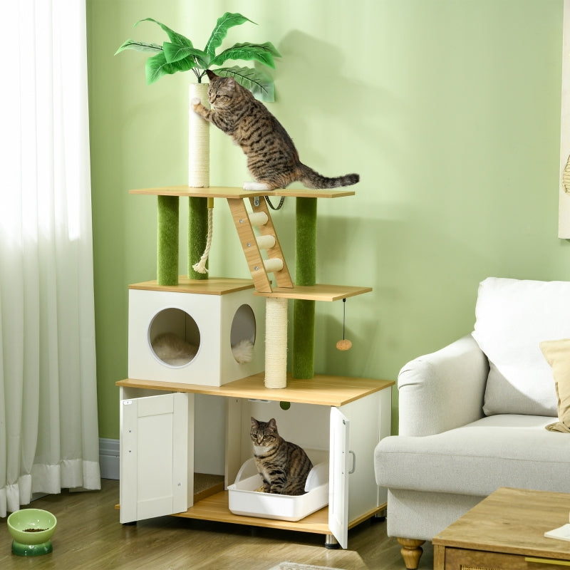 2-in-1 Hidden Cat Litter Box, with House, Ladder, Scratching Posts, Platforms, Oak