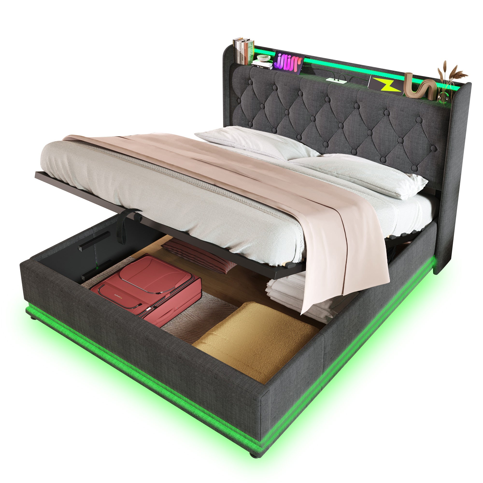 Upholstered King Ottoman Bed with 360 Surround LED Function, Hydraulic Storage, Charging Function, Linen Grey