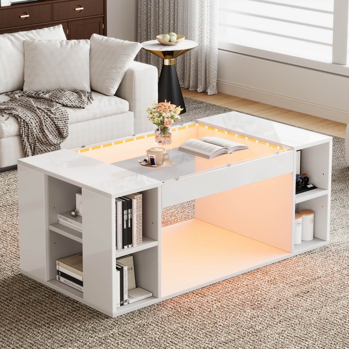 High Gloss White Coffee Table – LED Centre Table with Glass Top and Open Storage
