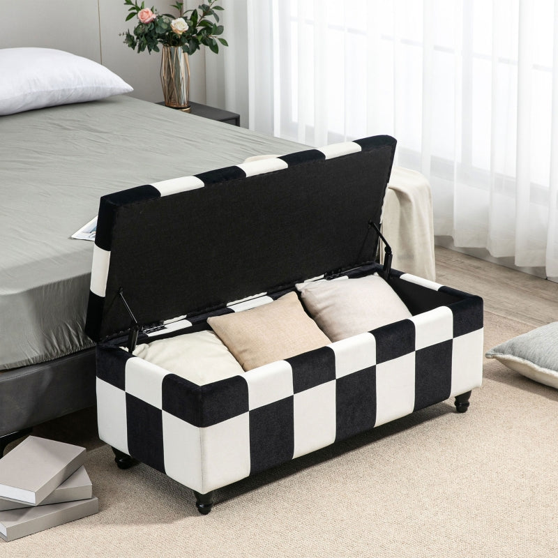 Velvet Storage Ottoman, Button-Tufted Footstool Toy Chest, White and Black