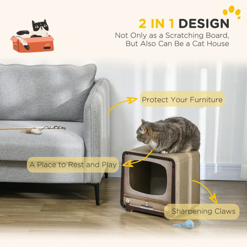 TV Shape Cat Scratching Board House, 2-in-1, with Catnip for Indoor Cats, Brown