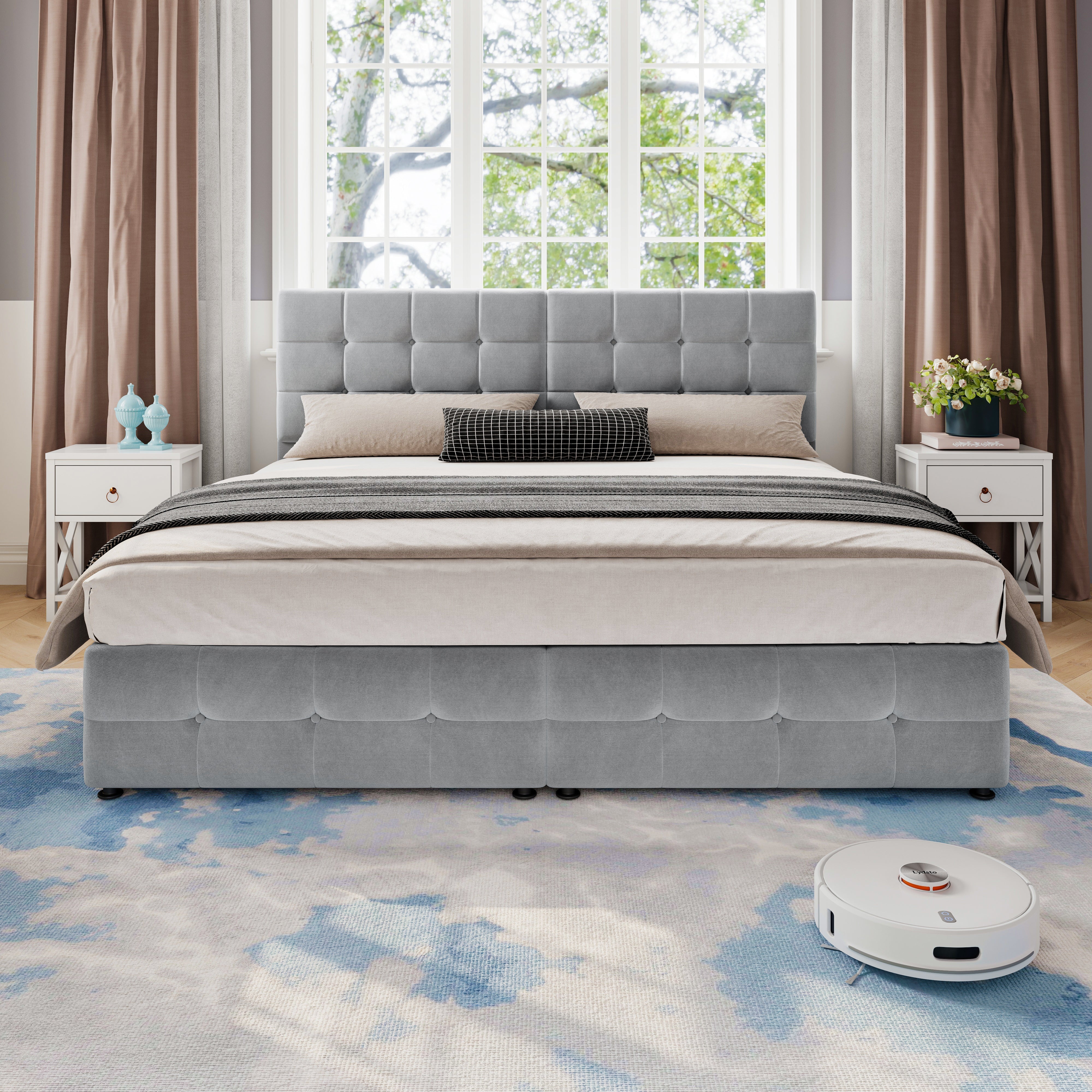 Upholstered Hydraulic Spliced Bed for Adults & Teenagers, Double 180x190cm or Single 90x190cm, with Checkered Sponge Backrest and Two Berth Hydraulic, Velvet & Iron, Grey