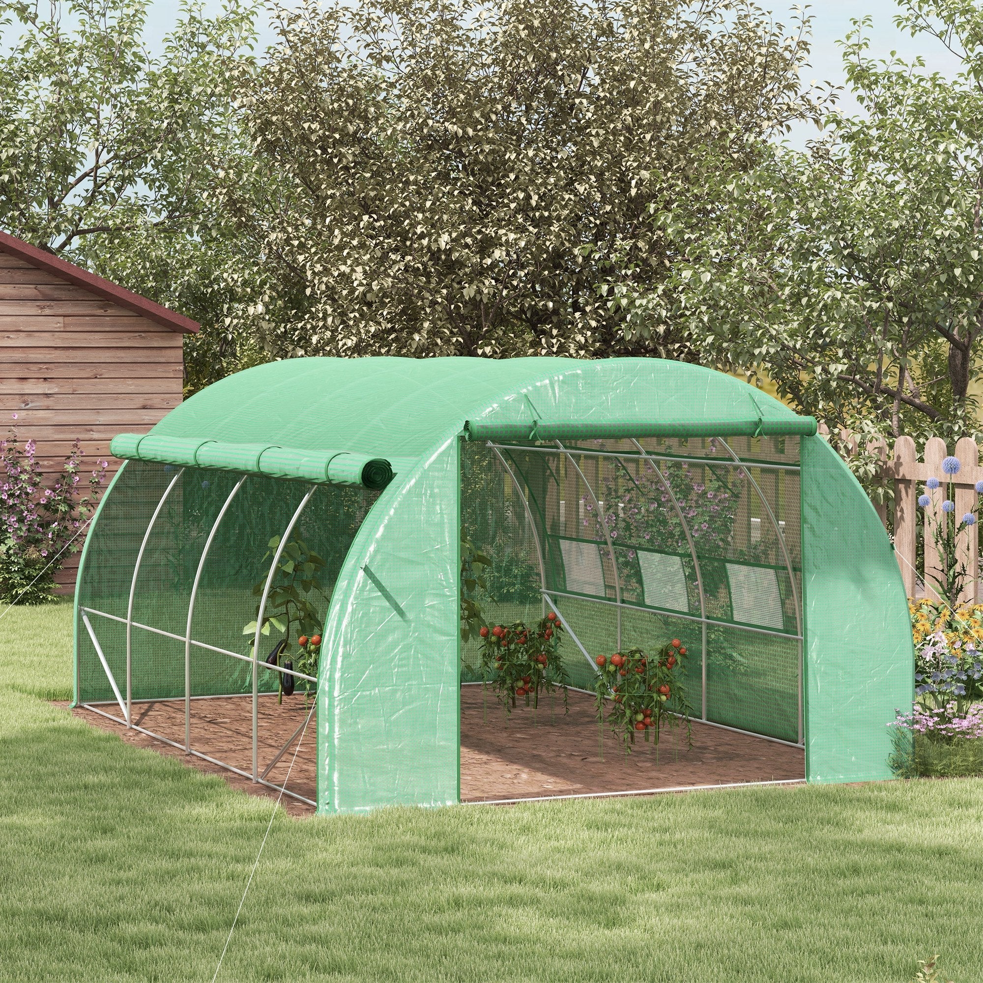 Polytunnel Greenhouse Grow House with Roll-up Sidewalls, Zipped Door and 8 Windows, Green