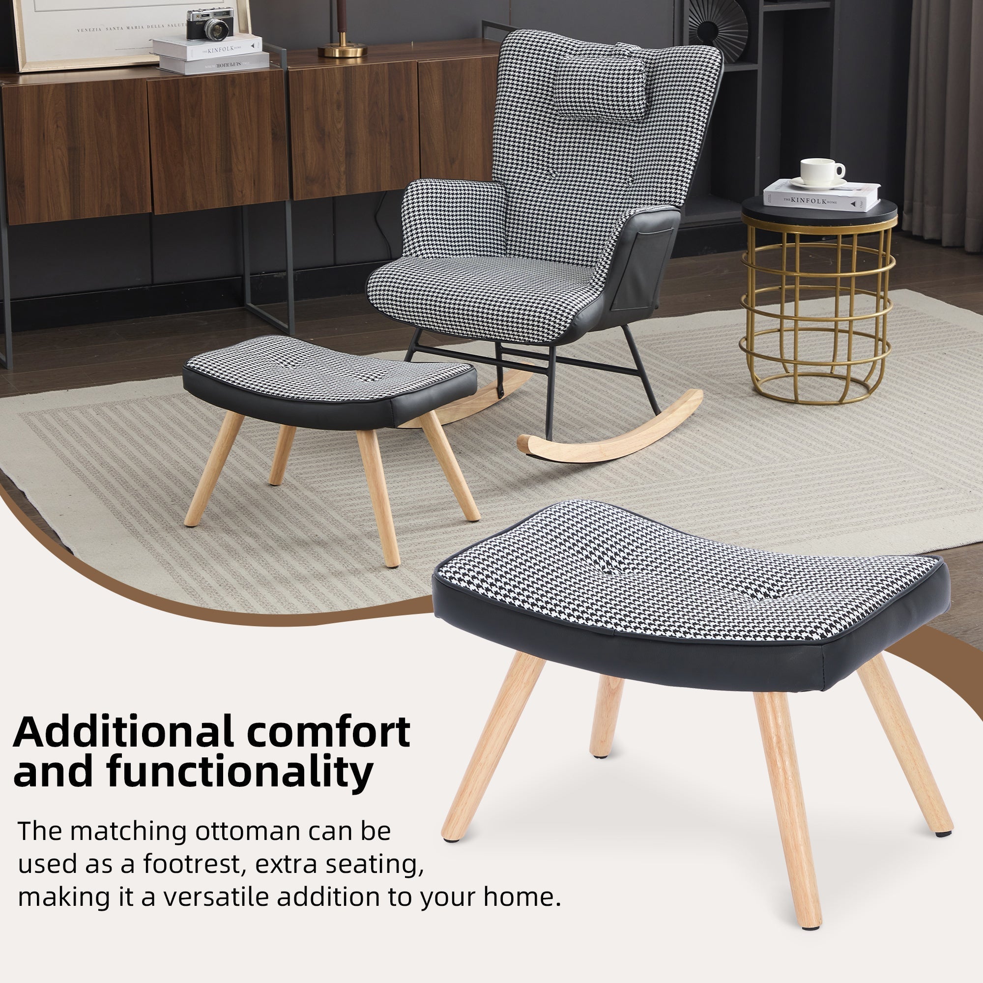 Rocking Chairs for Adults, Fabric Relaxing Recliner Chair with Solid Wood Legs