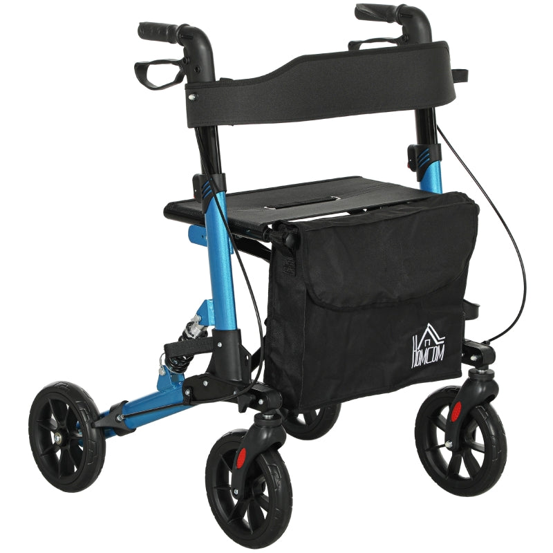 Folding Rollator Walker, Lightweight with Seat, Backrest, Dual Brakes, Adjustable Handle Height, and Storage Bag, Blue