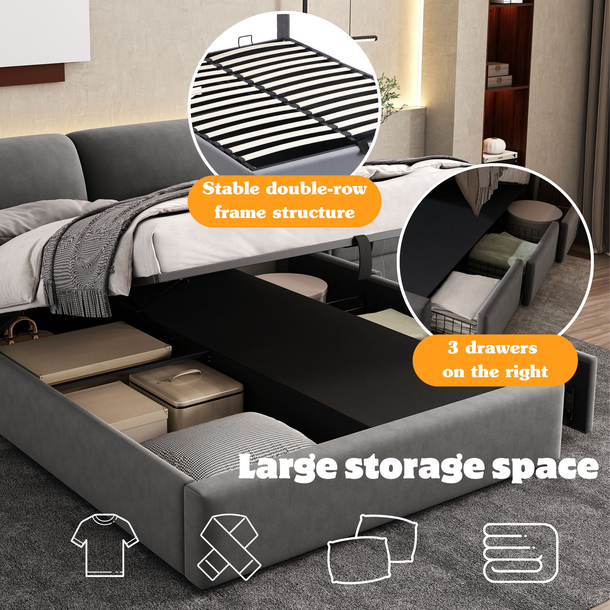 Upholstered Bed, Double 4ft6 (135x190cm) Hydraulic with Three Drawers, Storage Box & Slatted Frame, Velvet Grey