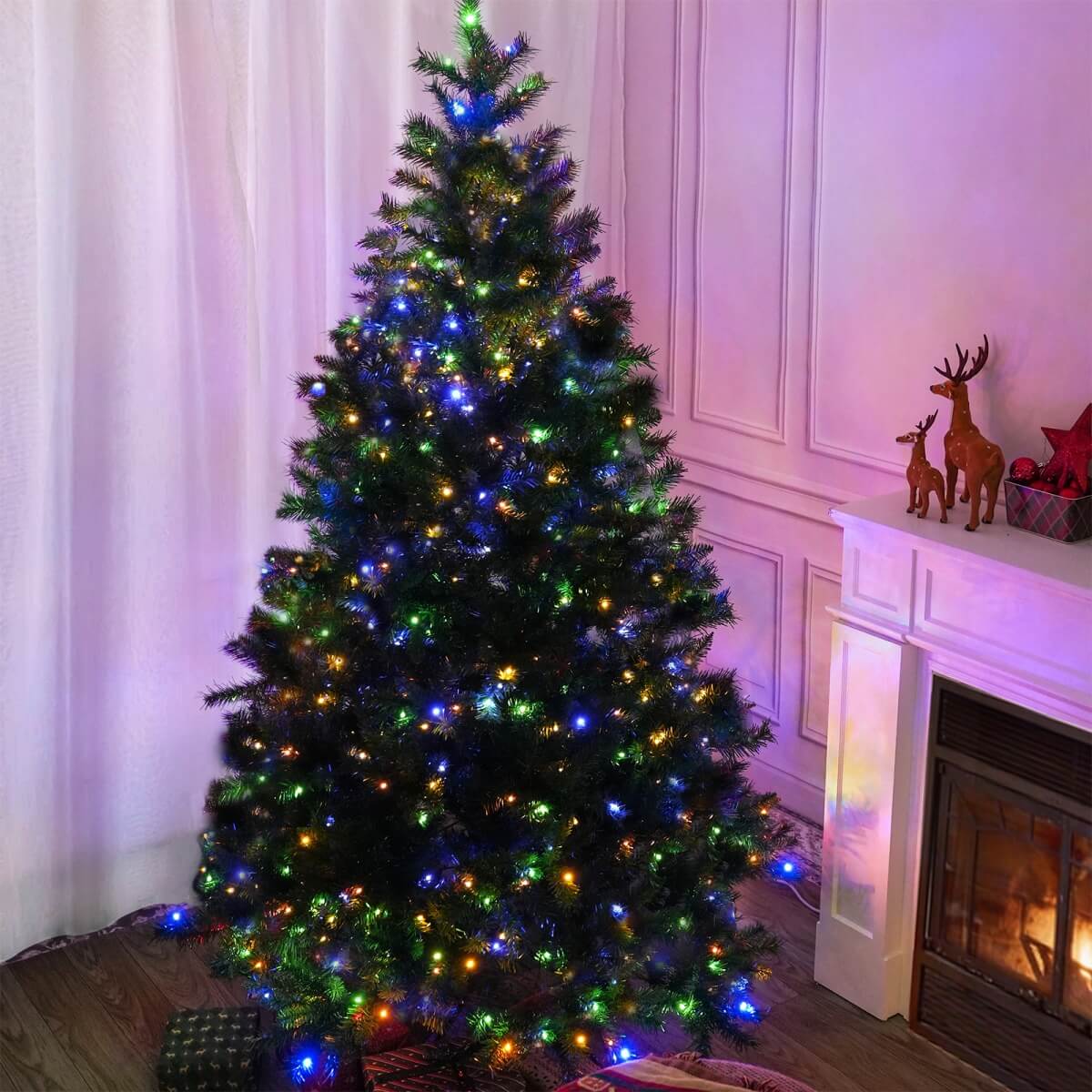 Artificial Christmas Tree with Colour LED Lights – Realistic PVC Xmas Tree, Pre-Lit, 6ft & 7ft, Metal Stand