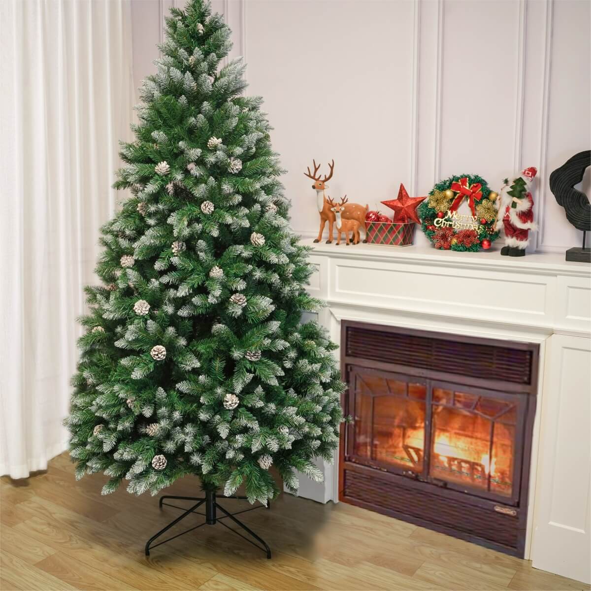 Snow Flocked Artificial Christmas Tree with Pine Cones – Pre-Lit or Unlit PVC Xmas Tree, Warm White LEDs, 5ft 6ft 7ft