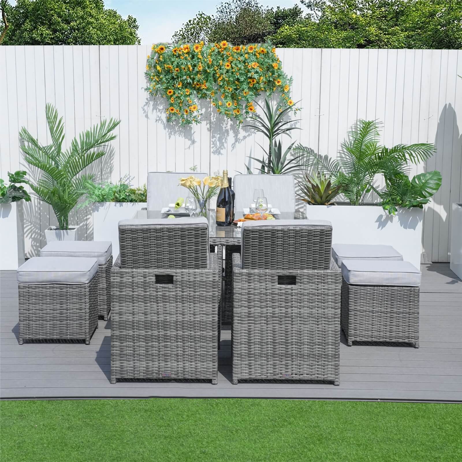 8 Seater Aluminium Rattan Dining Set – Outdoor Garden Table with 4 Chairs and 4 Footstools