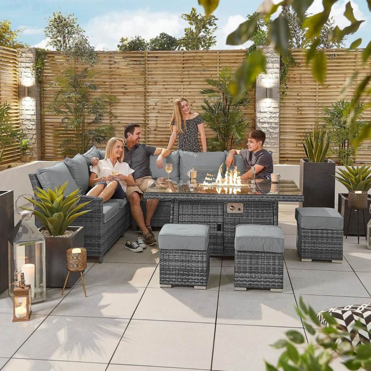 8-Seater Outdoor Corner Sofa Set with Rectangular Fire Pit Table and 3 Footstools – PAF-16591