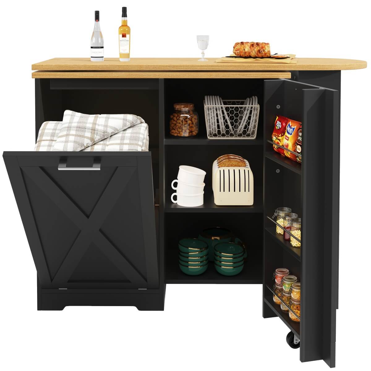 360° Rotating Kitchen Island Cabinet — Swivel Storage Sideboard with Shelves, Black