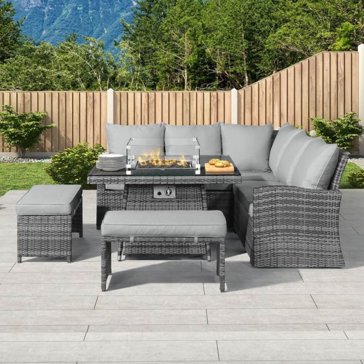 8-Seater Outdoor Corner Sofa Set with Square Fire Pit Table and 2 Benches - PAF-16700