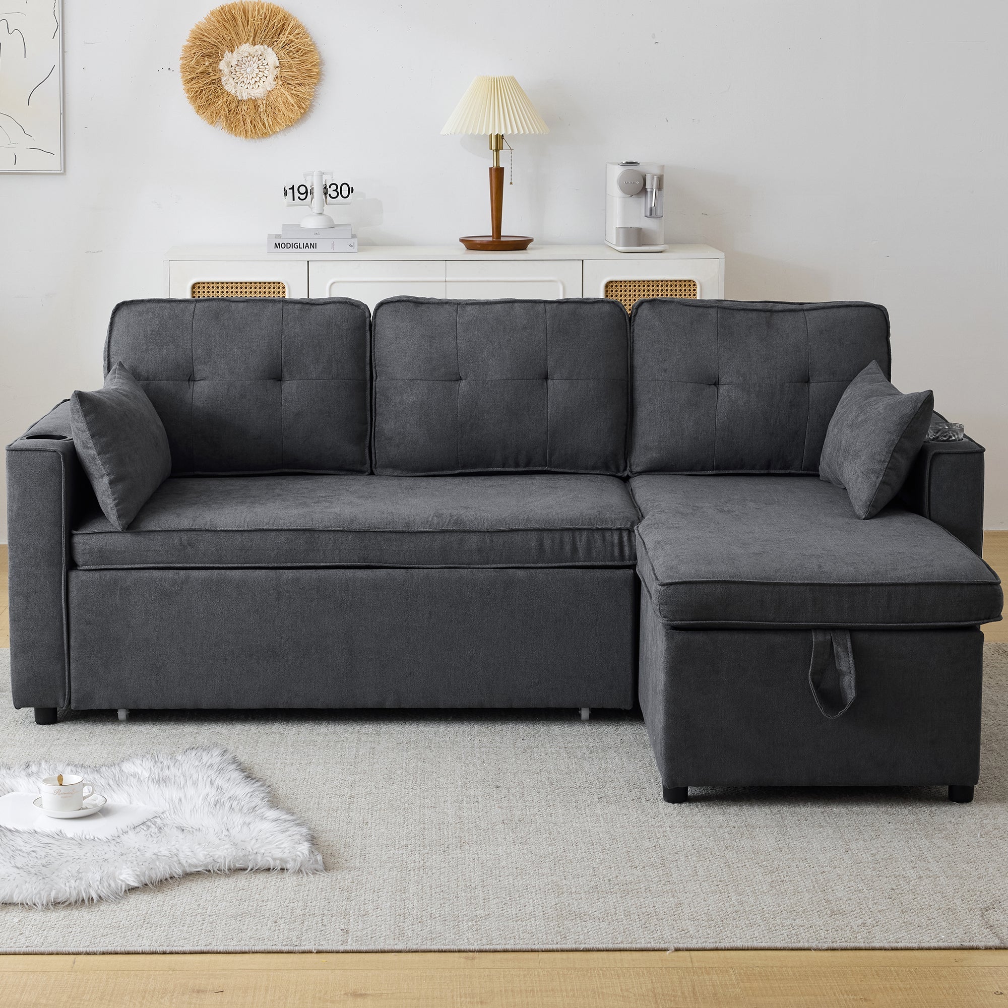 3-in-1 Convertible Sofa Bed with Storage Chaise, Cup Holders, Pillows - Grey