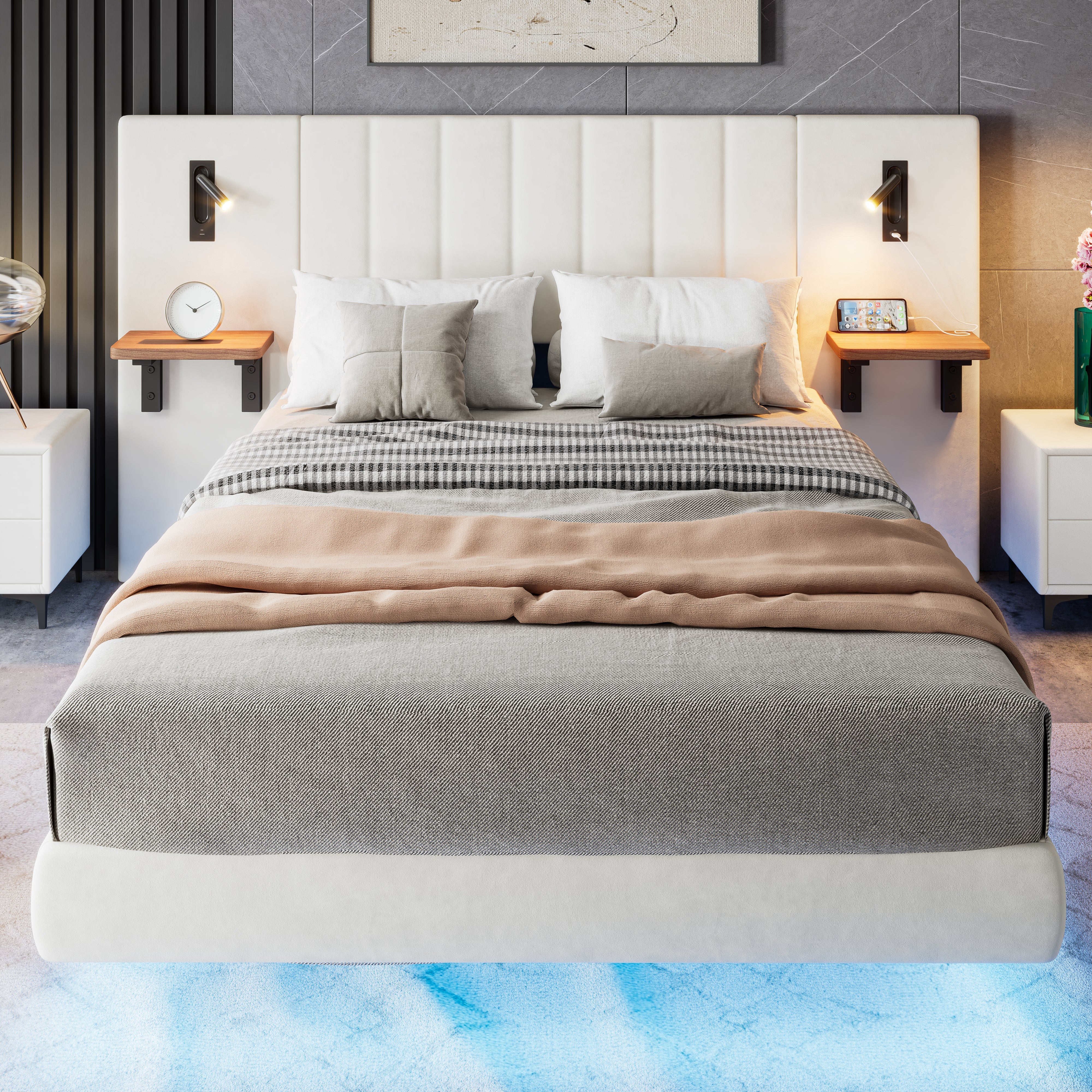 Upholstered Bed, 4ft6 Double, 2 Bedside Lamps, Headboard Storage & Charging, Velvet+Iron, White