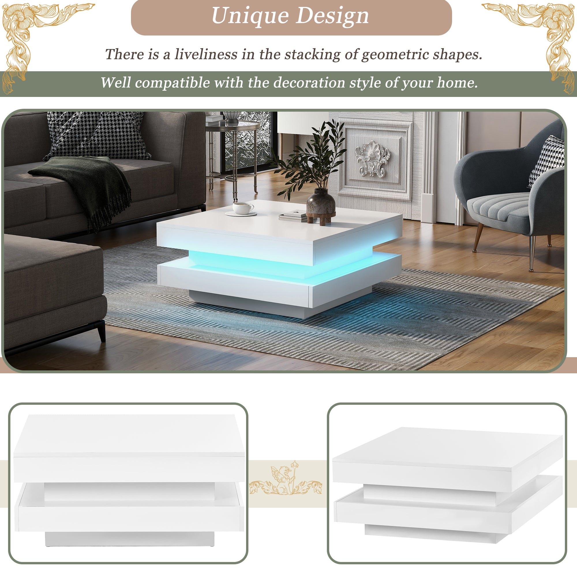 White Square High Gloss Coffee Table with 360¡ã Rotating Top, Tea Table with 16-Color LED light, 70x70x36 cm