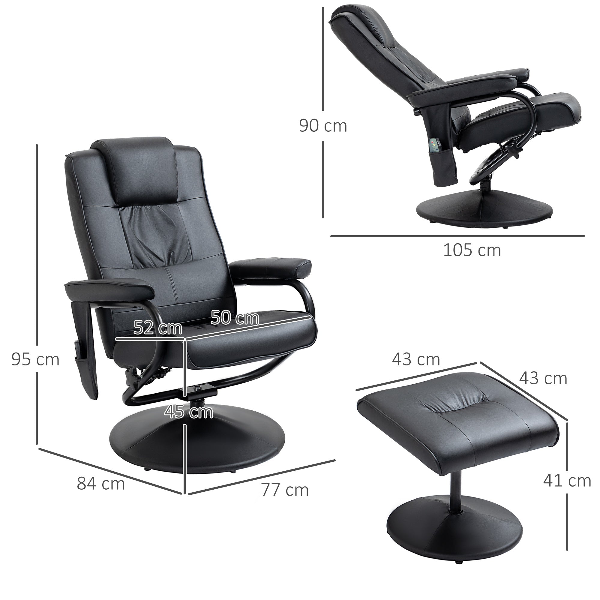 Swivel Recliner Chair and Footstool, Massage Armchair with Remote Control, Black Faux Leather