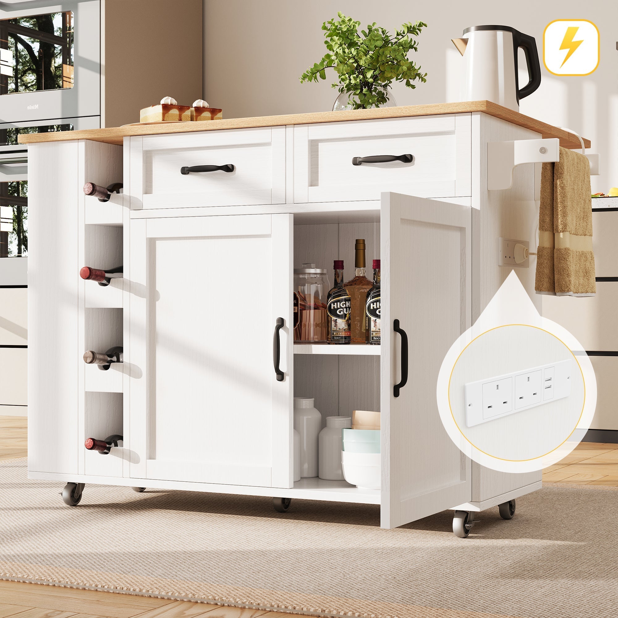 Kitchen Island with Power Strip and Wine Rack, White Wood Grain