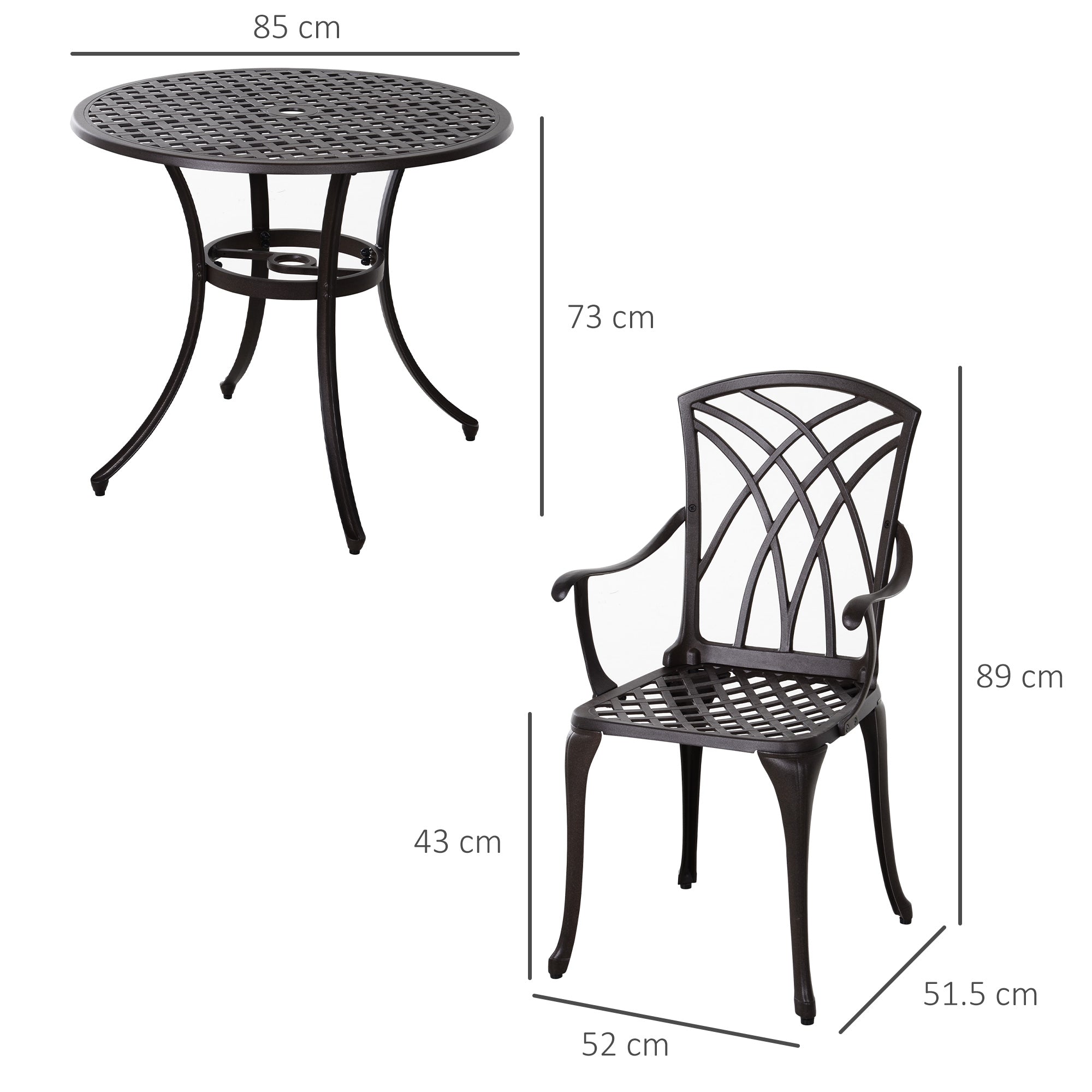 5 Pieces Garden Dining Set for 4, Cast Aluminium with Parasol Hole, Brown