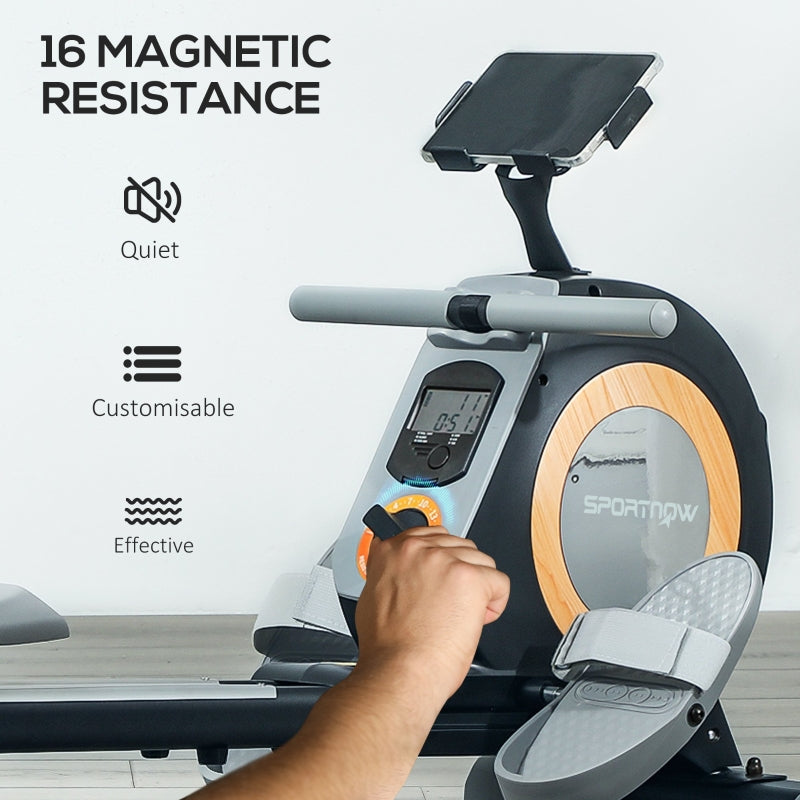 SPORTNOW Rowing Machine - 16-Level Magnetic, LCD Monitor, Phone Holder, Black