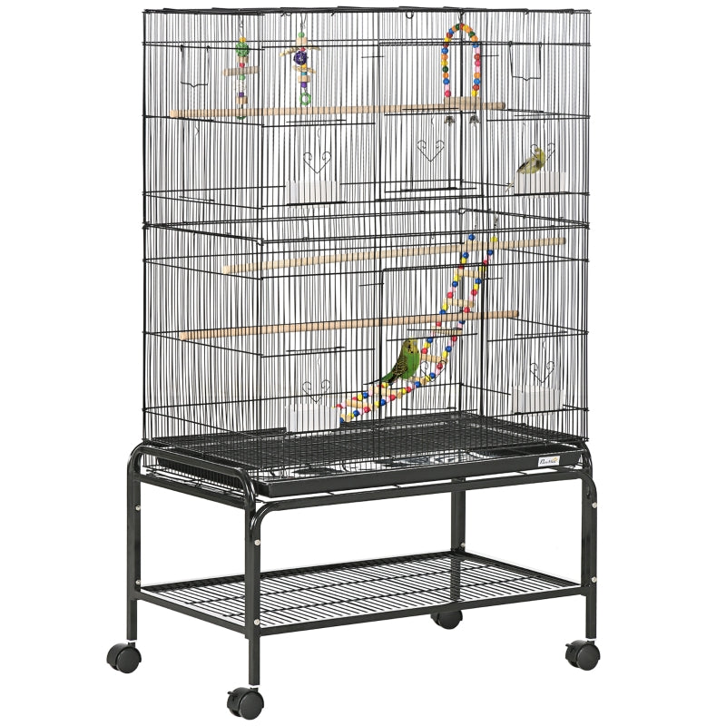 Large Bird Cage Budgie Cage with Stand, Wheels, Accessories, Storage Shelf - Black