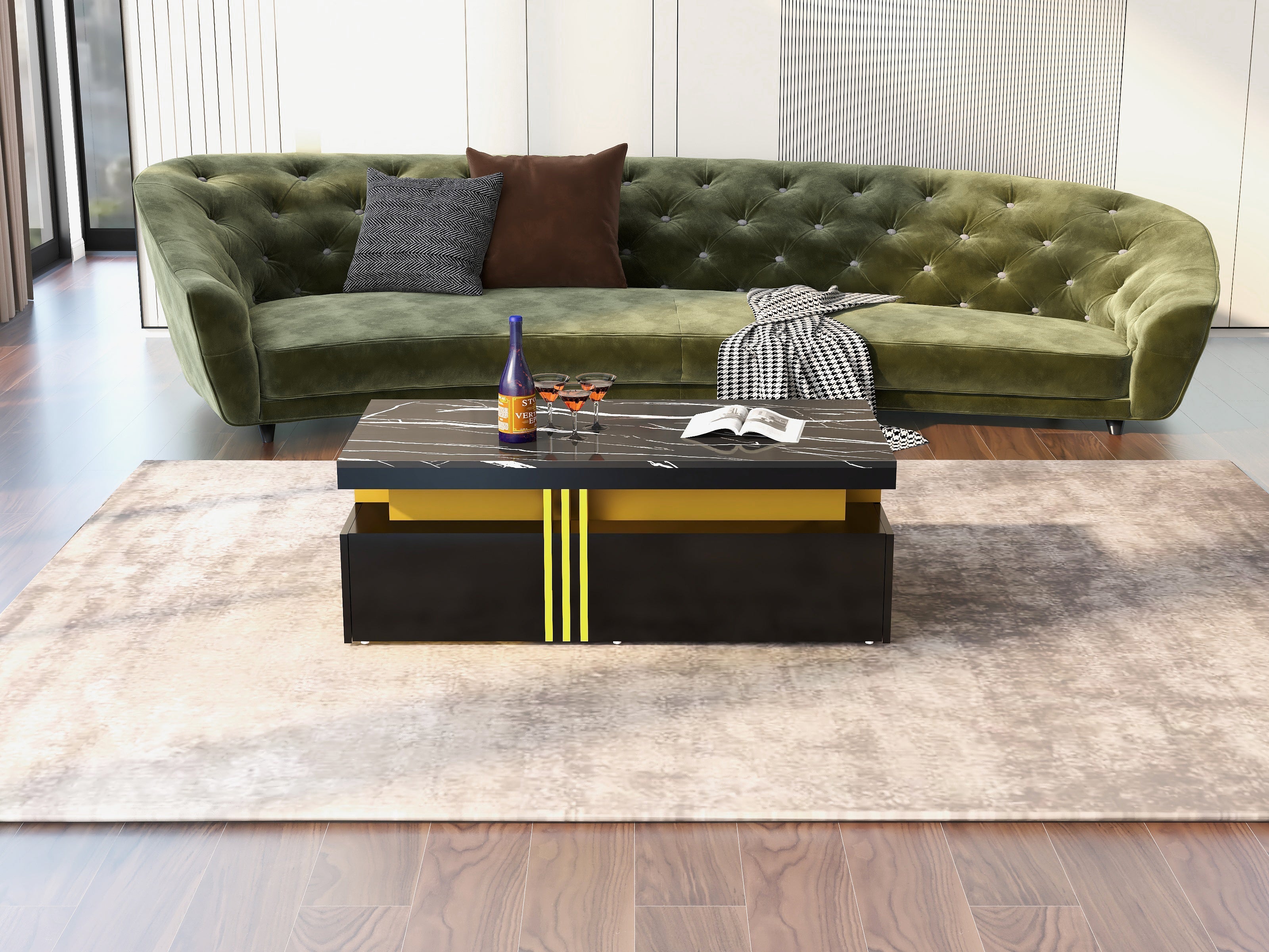 Modern Black Rectangular Coffee Table with Marble Pattern (Triamine Board) Top and 2 Wooden Drawers, Particle Board