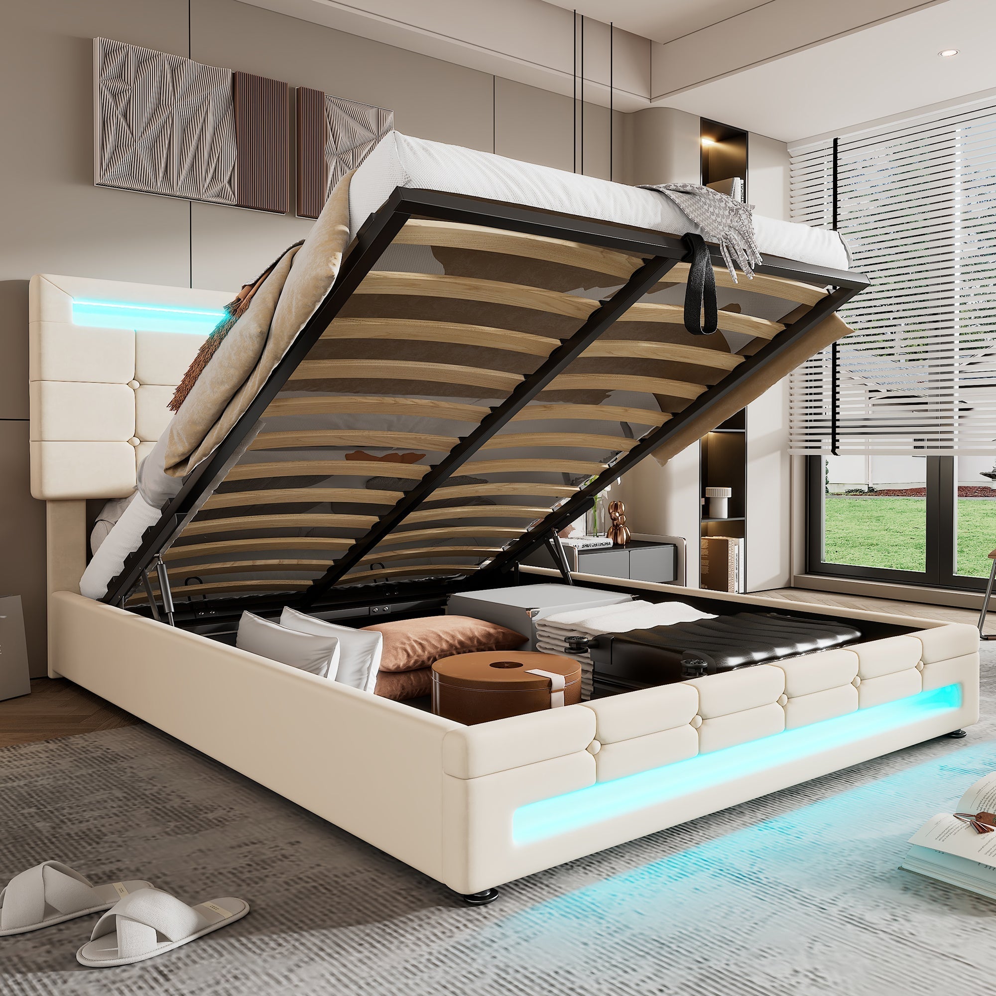 Upholstered Bed, Hydraulic 4ft6 Double 135x190cm with Square Embellishment & 7-Color LED, Velvet & Iron Beige