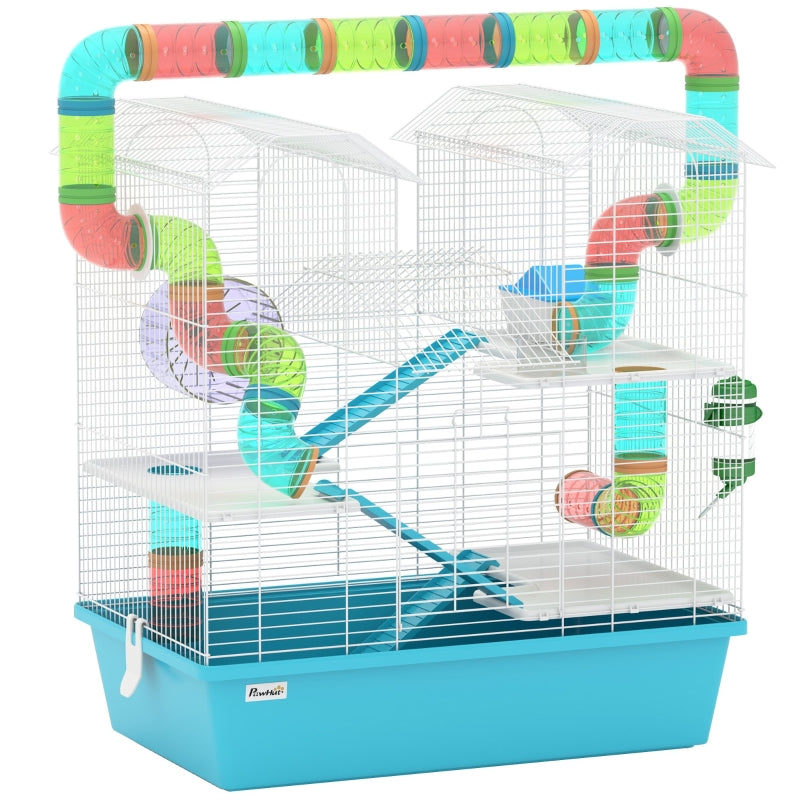 4 Tier Hamster Cage with Tubes, Exercise Wheel, Hut, Water Bottle, Food Dish, Ramps - Light Blue