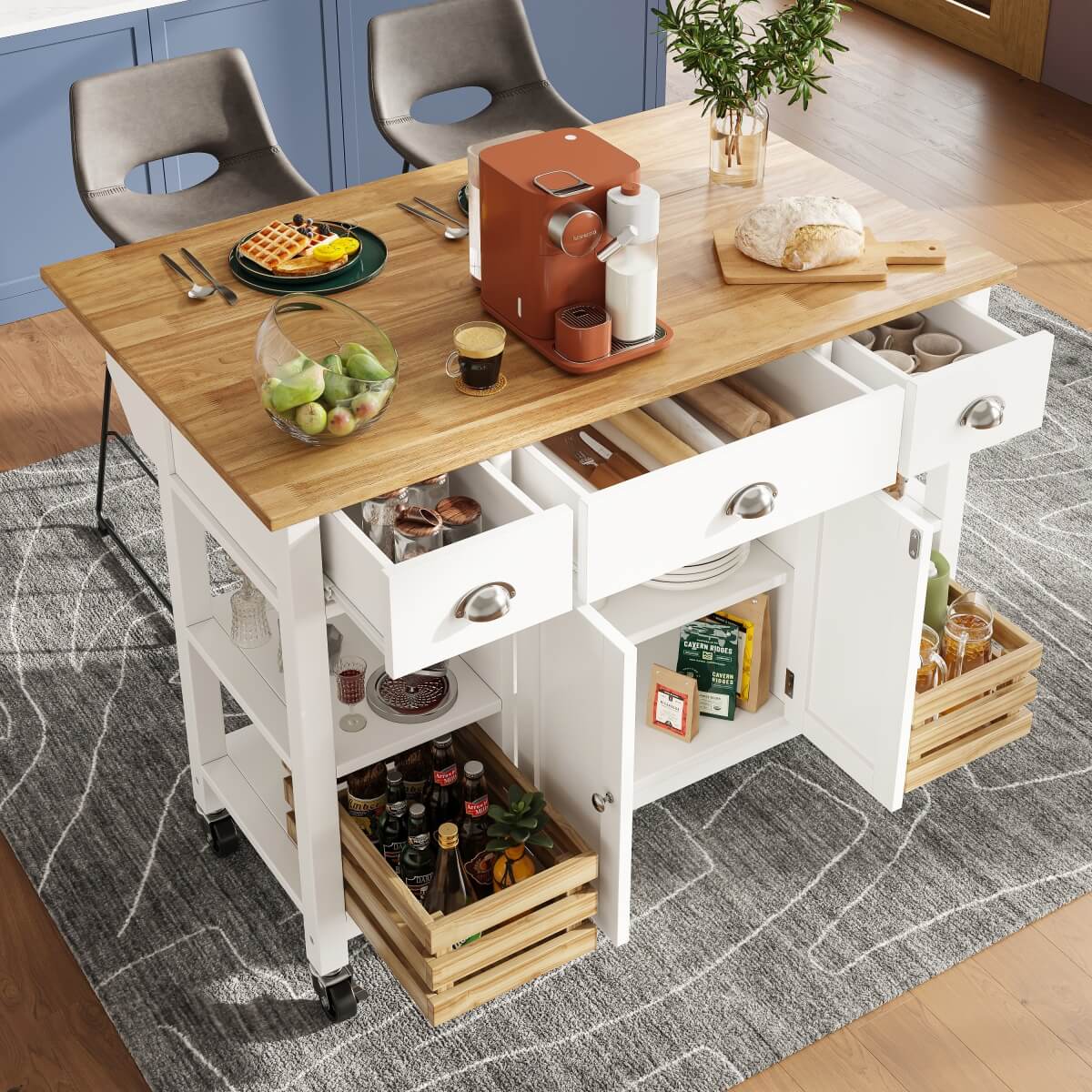 Kitchen Island Trolley on Wheels — Storage Cabinet with 3 Drawers, Adjustable Shelf & Spice Rack