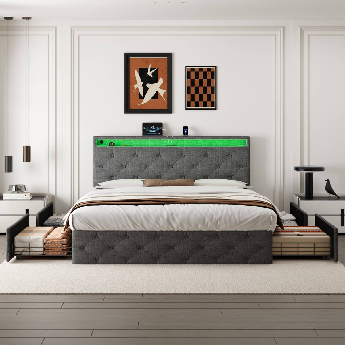 4ft6 Double Upholstered Storage Bed - LED Drawers with USB & Type-C Charging, Adjustable Tufted Headboard