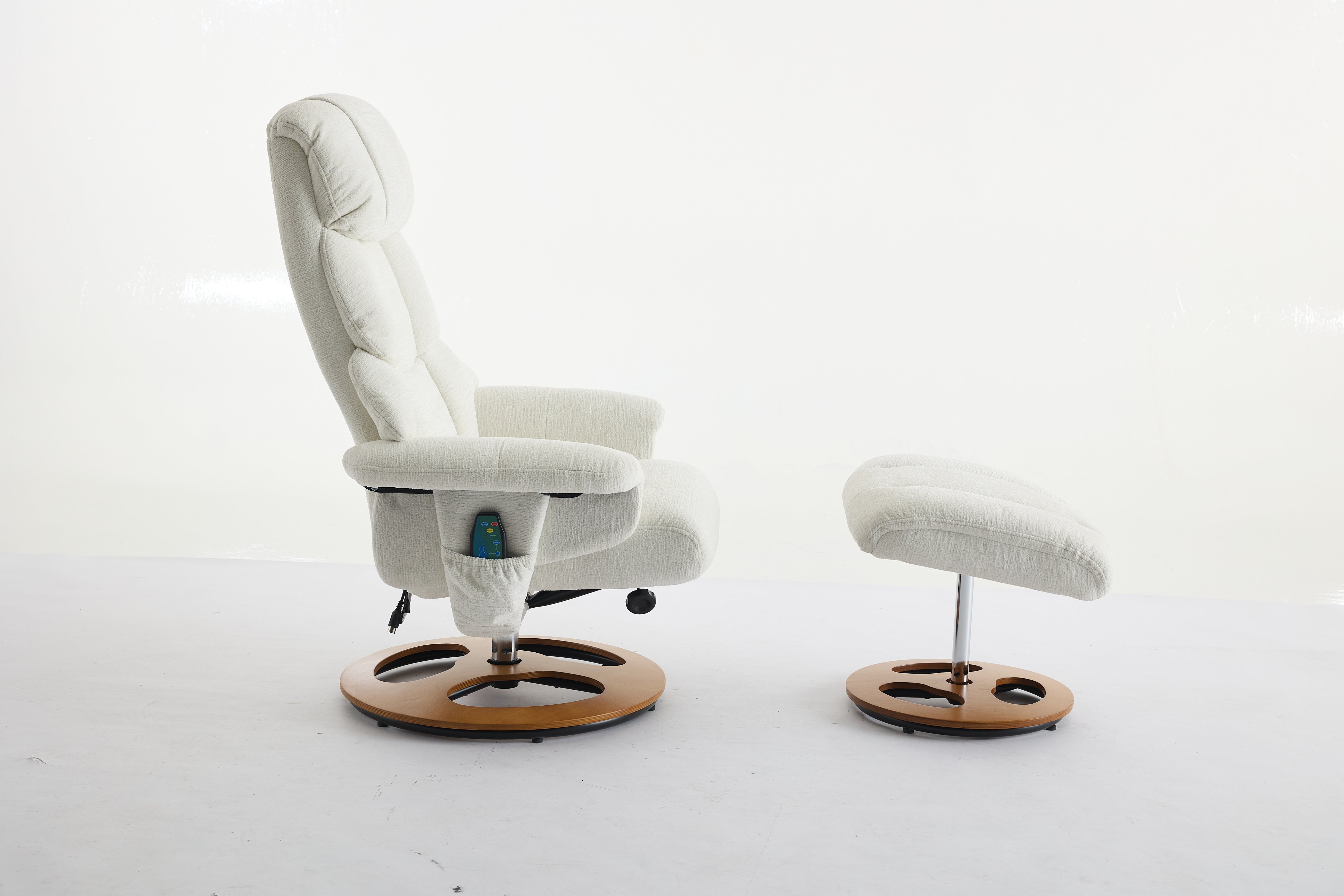 Chenille Upholstered Massage Recliner with Ottoman Footstool, 5 Points Massager, White