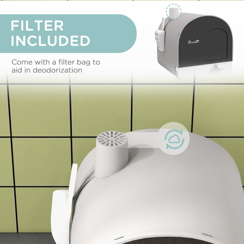 Hooded Cat Litter Box with Lid, Scoop, Filter, Flap Door, Light Grey