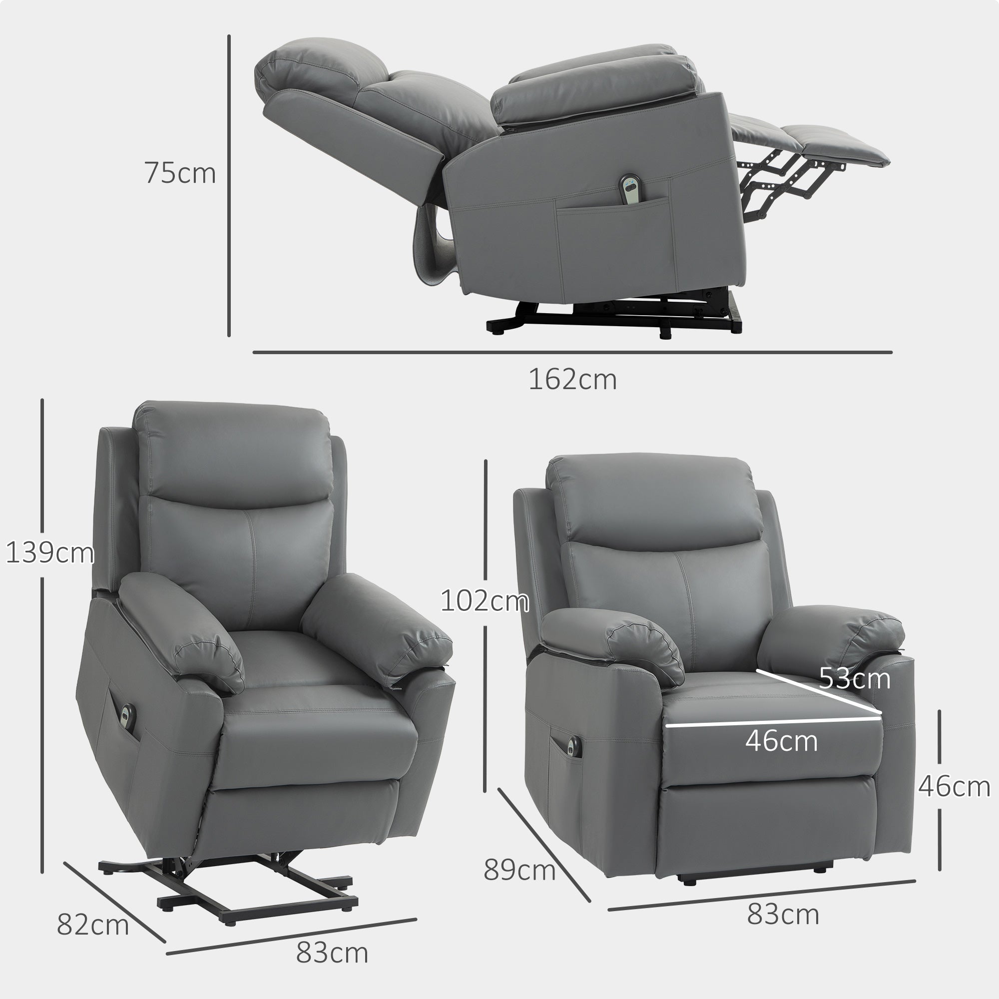 Electric Riser Recliner Chair with 70¡ã Recline, Faux Leather Charcoal Grey