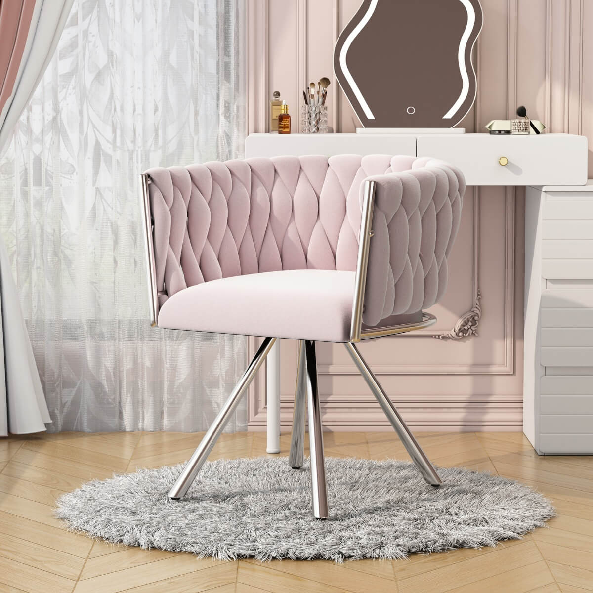 Velvet Swivel Dining Chair – Luxury Single Chair with Metal Legs for Living Room & Bedroom, Pink